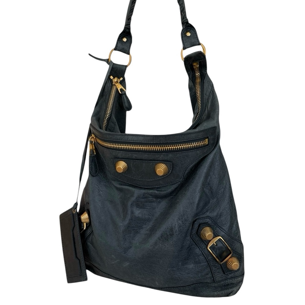 Anthracite Balenciaga city day hobo bag with giant gold hardware